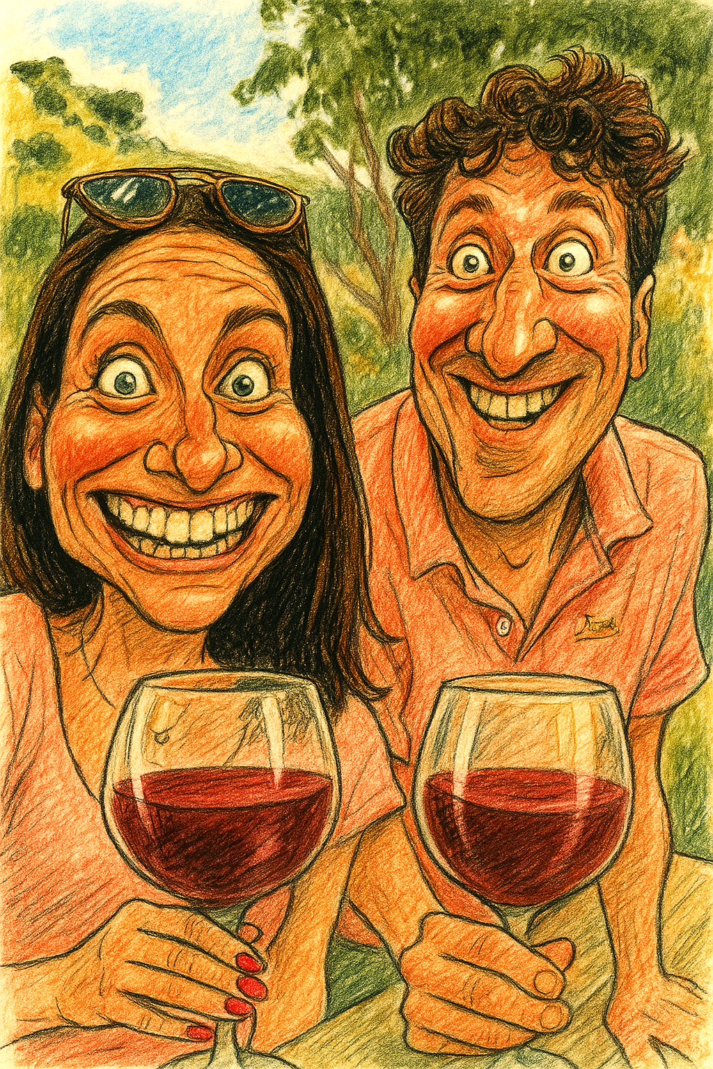 Stefanie und Andreas — Comiczeichnung mit Rotwein